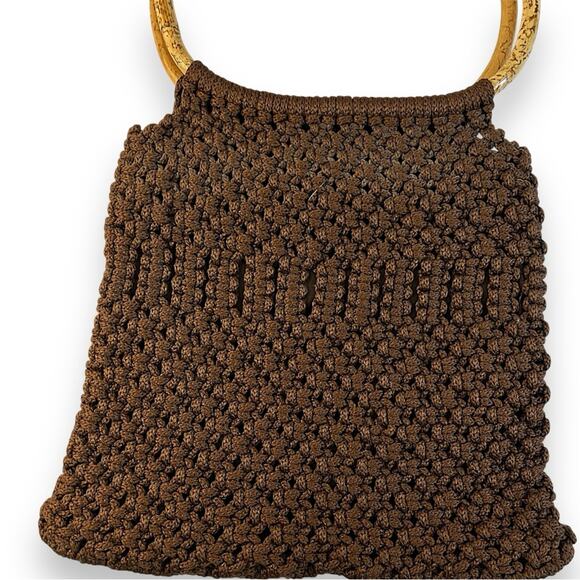Chocolate Brown Crochet Bag with Bamboo Handles - Picture 4 of 8